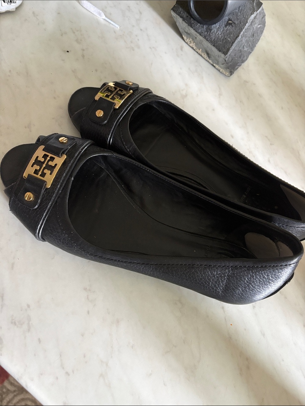 Tory Burch Black Leather Peep-Toe Flats with Gold Logo Accents